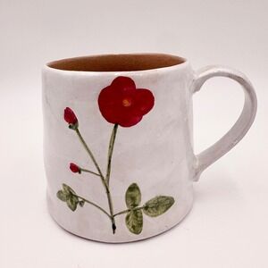 Potters Studio Hand Painted Red Poppy Floral Ceramic Mug White Terracotta Glaze